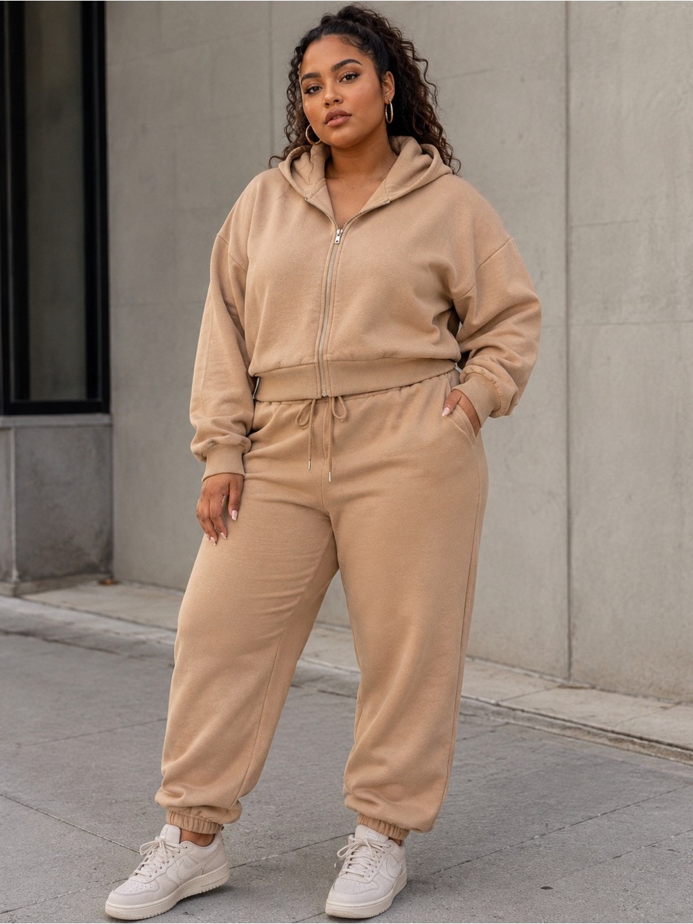 Fashion Nova Brianna Women's XL Cream Camel Cropped Zip Hoodie Jogger Set